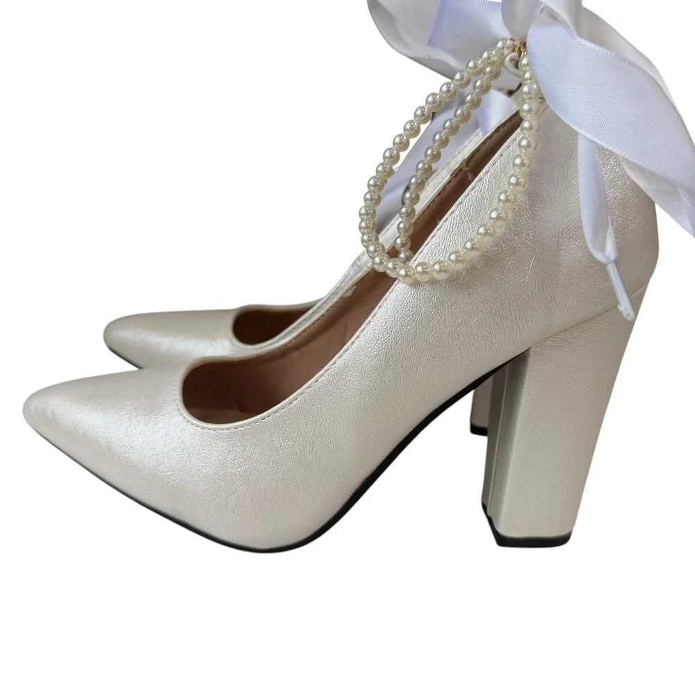 Bridal Pearl Bow Block Heel Pumps Ivory Shimmer Pointed Toe Wedding Shoes SZ 38